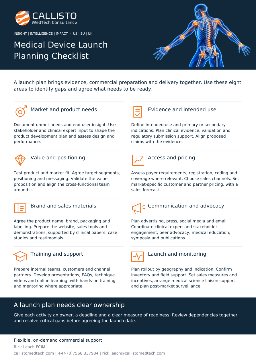 Callisto Medical Device Launch Planning Checklist covering eight areas of launch preparation